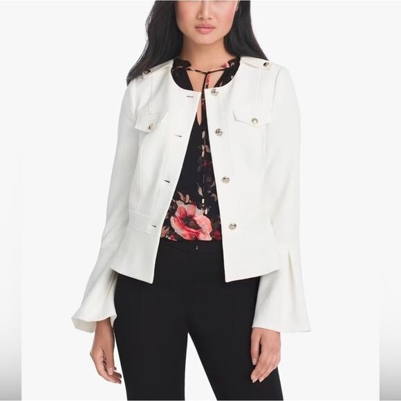White House Black Market cream winter white peplum blazer sz 14 silver buttons